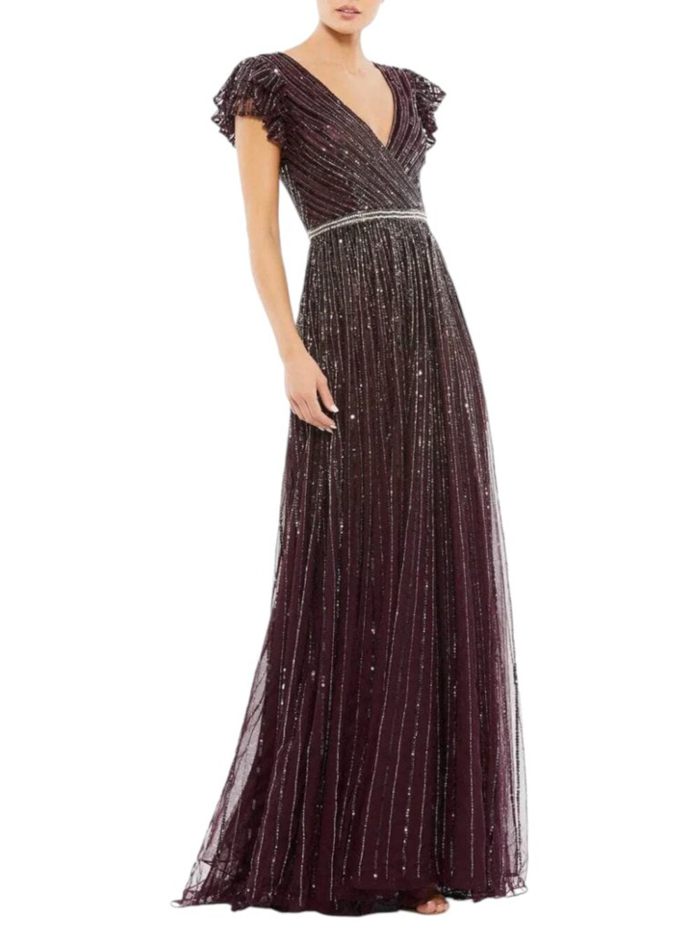 Mac Duggal Sequin Maxi Dress Purple Red Flutter Cap Sleeve V-neck 5502 Size 6